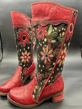 Boho Women Flower Splicing Genuine Leather Knee High Boots Cowboy Zip  Boots sz 