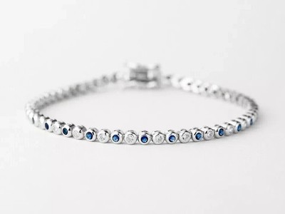Lab Created Blue Sapphire & Round Diamond Tennis Bracelet 14K White Gold Plated