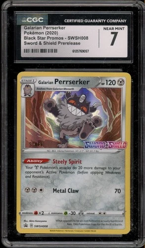 Pokemon Galarian Perrserker Sword & Shield STAFF Prerelease Promo SWSH008 CGC 7