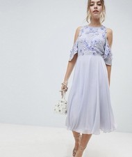 ASOS Design Blue Floral Applique Cold Shoulder Dress Size 10 Occasion Party