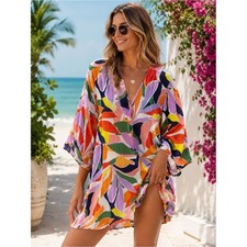 Anne Cole Womens Tropical Leaf Print V-Neck Swim Cover-Up Dress Multicolor XS/S