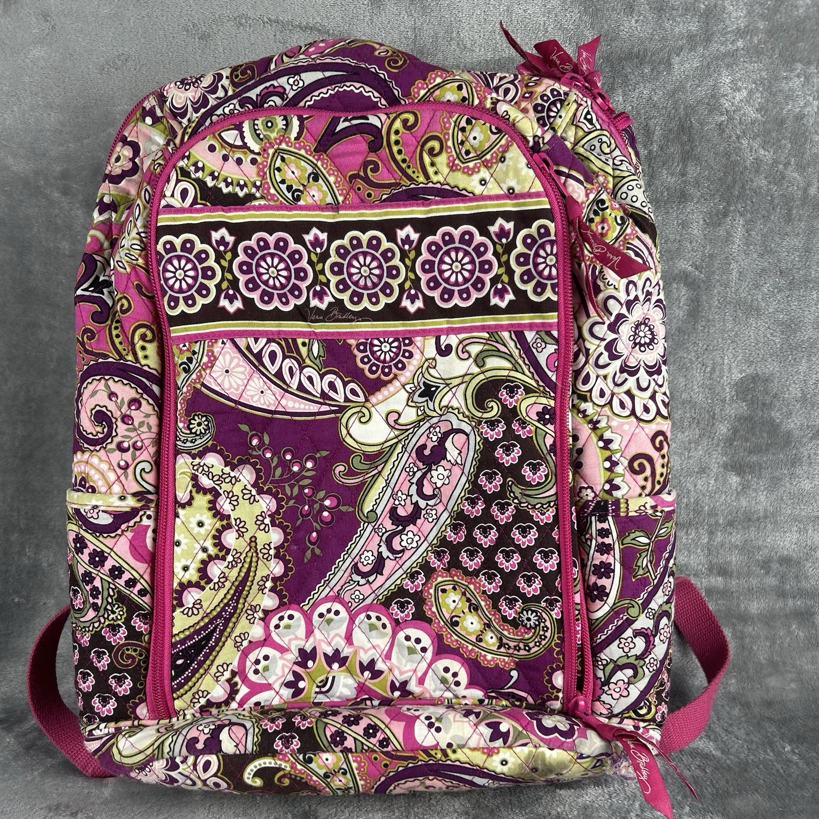 VERA BRADLEY BACKPACK Laptop Shoulder Bag Paisley Pink Very Berry Quilt *Flaws