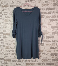 Garnet Hill Blue Knit Lyocell V-Neck Drawstring 3/4 Sleeve Shift Dress S