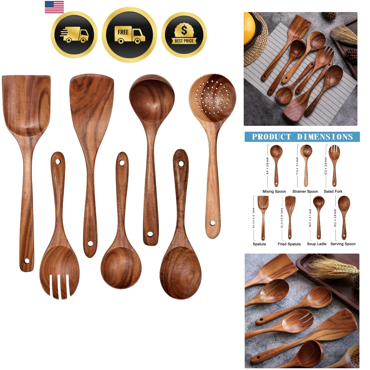 Wooden Non-Stick Kitchen Pan Toolset 7 Pieces Set, Natural Kitchen Utensils S...
