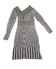 Venus Sweater Dress Womens L Gray Striped Off Shoulder Button Knit Asymmetric