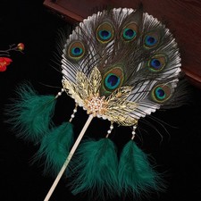 Ancient Style Long Handle Peacock Feather Fan Hundred Handheld Classical Fan
