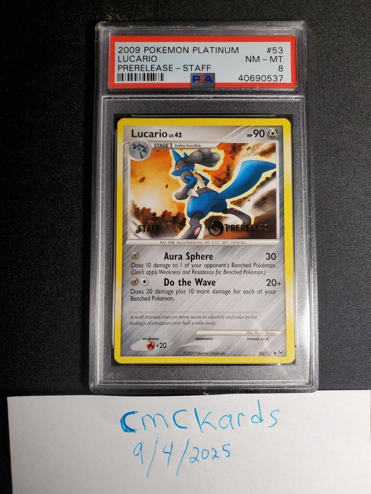 Pokemon Lucario 53/127 Platinum STAFF Prerelease PSA 8