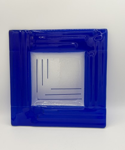 Blue Lined Abstract Fused Glass Large Square Art Glass Tray 11.5"