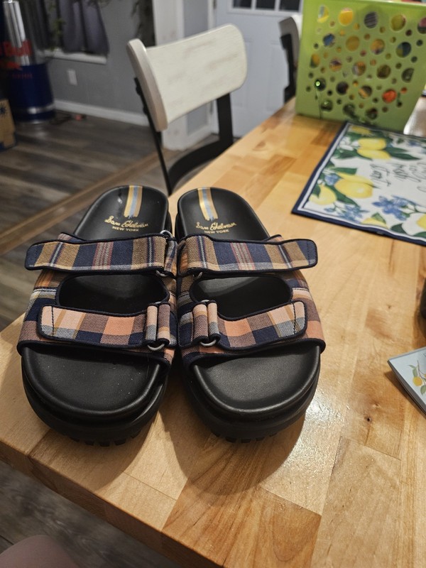  Sam Edelman Eliana Two Strap Lug Sole Slide Sandal Mustard Plaid Size 9 NWOB