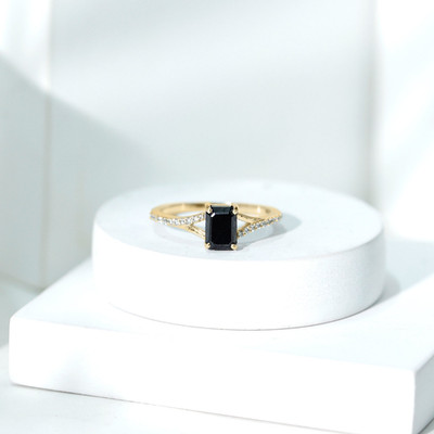 Black Onyx Emerald Cut Solitaire Ring Moissanite Bypass Engagement Band For Her