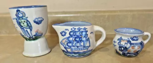 3 Pieces M A Hadley Art Pottery Collection -Egg Cup, Ship Creamer, Cow Creamer,