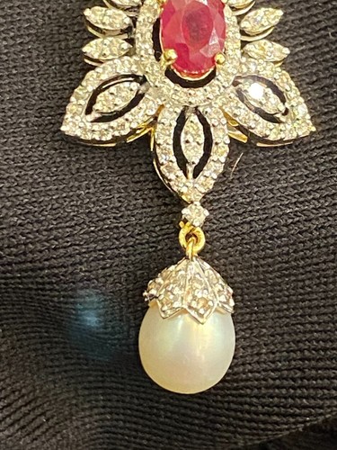Pave 7.39 Cts Round Brilliant Diamonds Ruby Pearl Dangle Earrings In 14K Gold - Picture 10 of 12
