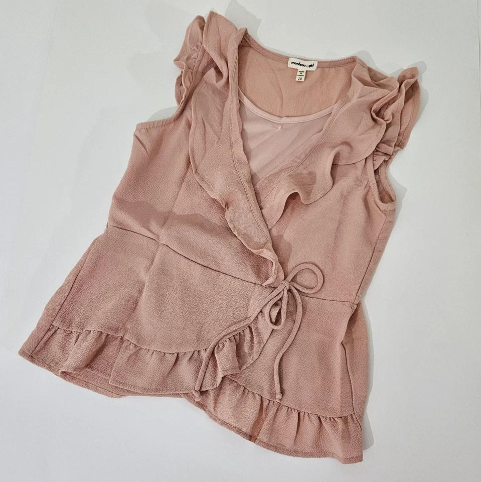 Blusa Top Monteau Niñas Manga Corta Volantes Imitación Envoltura Salmón Talla 10 Foto 2 de 4