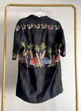 Pacific Legend Black  Hawaiian Shirt Men`s Short Sleeve Surf Boards Cars Sz L