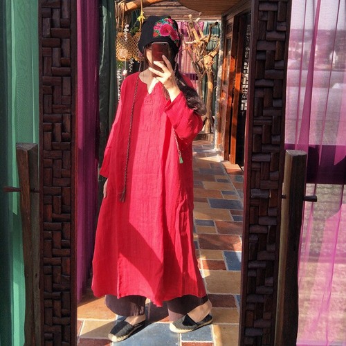 Vintage Women 100% Linen Oversize V Neck Long Dress Maxi Casual Kaftan Flax Robe - Picture 9 of 16