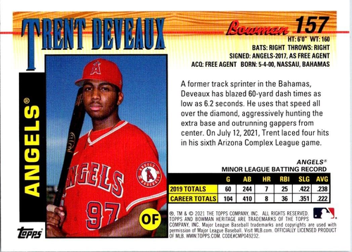 2021 Bowman Heritage Trent Deveaux - #157 - Black & White - Angels - Picture 2 of 2