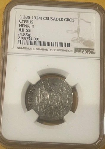 CYPRUS CRUSADER STATES 1 GROS HENRI II (1285-1324) FIRST REIGN LION NGC AU 35