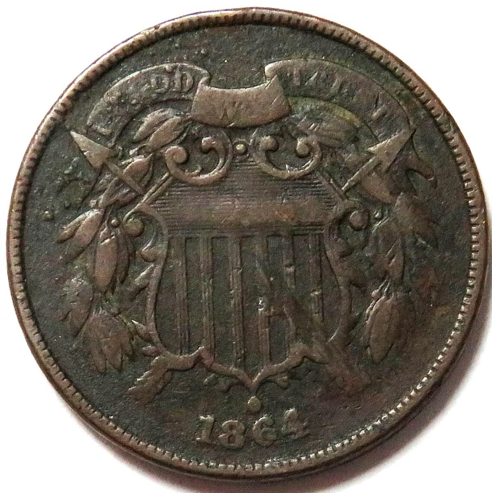 1864 ERROR INVERTED REVERSE 358° ROTATED USA 2 CENT VG COIN - Image 2 of 3