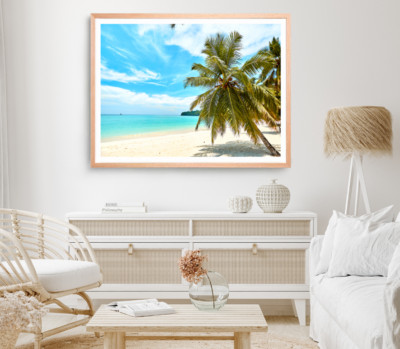 Plam Trees Print, Sea Shore Wall Art, Cloudy Sky Framed Beach Wall Art, Coastal