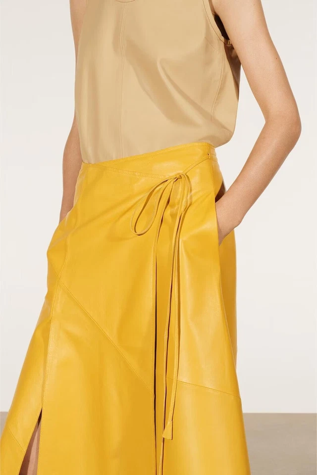 Handmade Women's Lambskin Yellow Leather Pocket Skirt Below Knee Length Plus Siz - Image 4 of 4