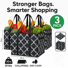 Reusable Grocery Shopping Bags 3 Pack Heavy Duty Tote Box Foldable Storage Bin