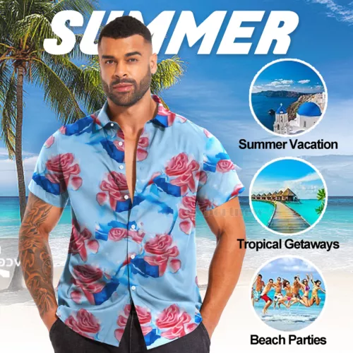 Hawaiianisches Hemd Herren Kokosnussbaum Druck Strand Urlaub Aloha Party kubanischer Kragen - Bild 42 von 48