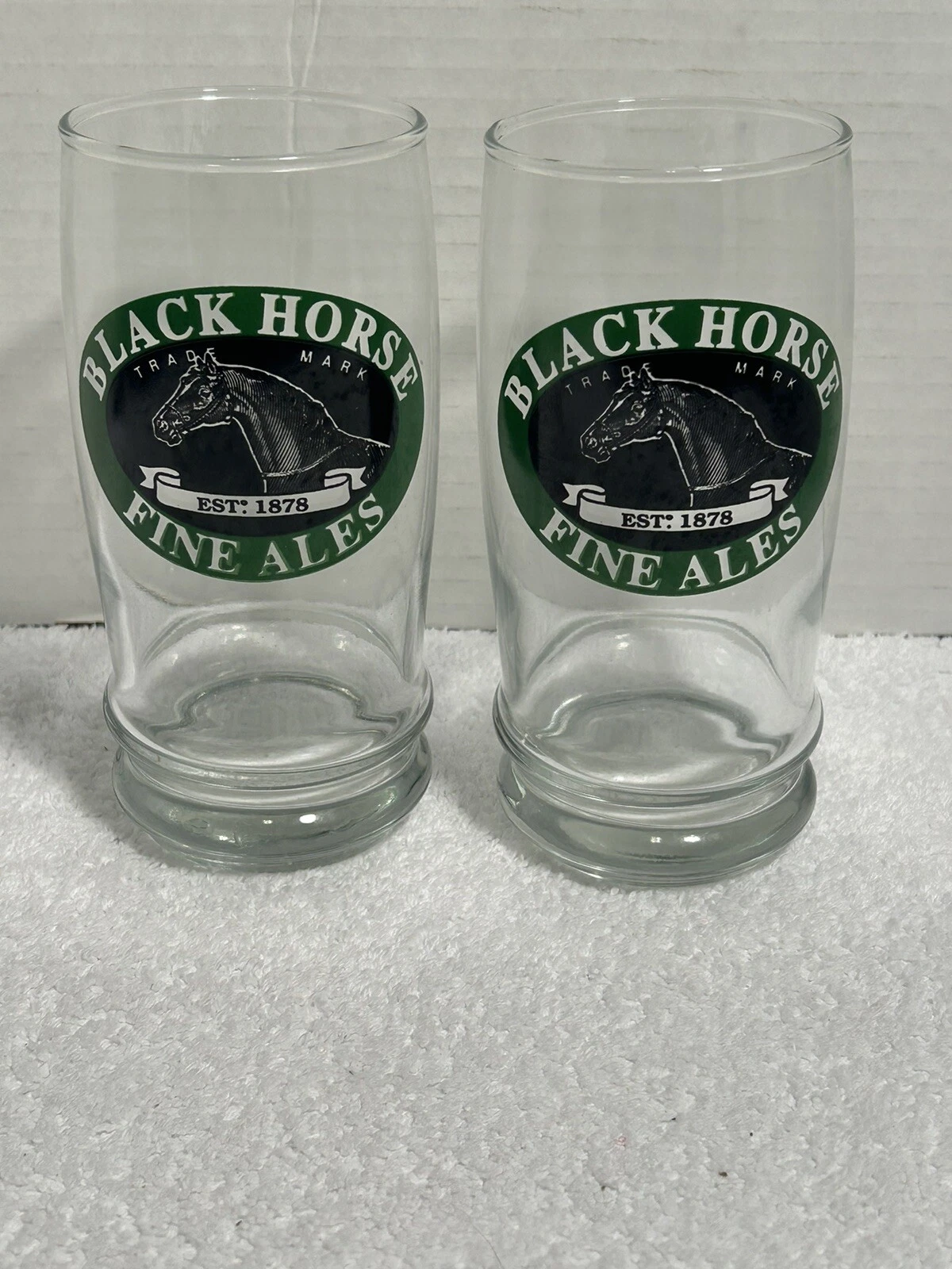 2 Black Horse Fine Ales EST 1878 Beer Glasses 6” A