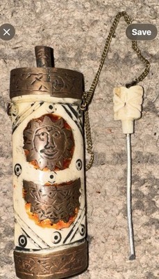 Vintage Middle Eastern Kohl Container Bottle Ornate Brass Sun Face w Dabber