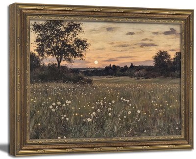 Vintage Gold Framed Wall Art, Rustic Firefly Field Landscape Wall Art Decor -...