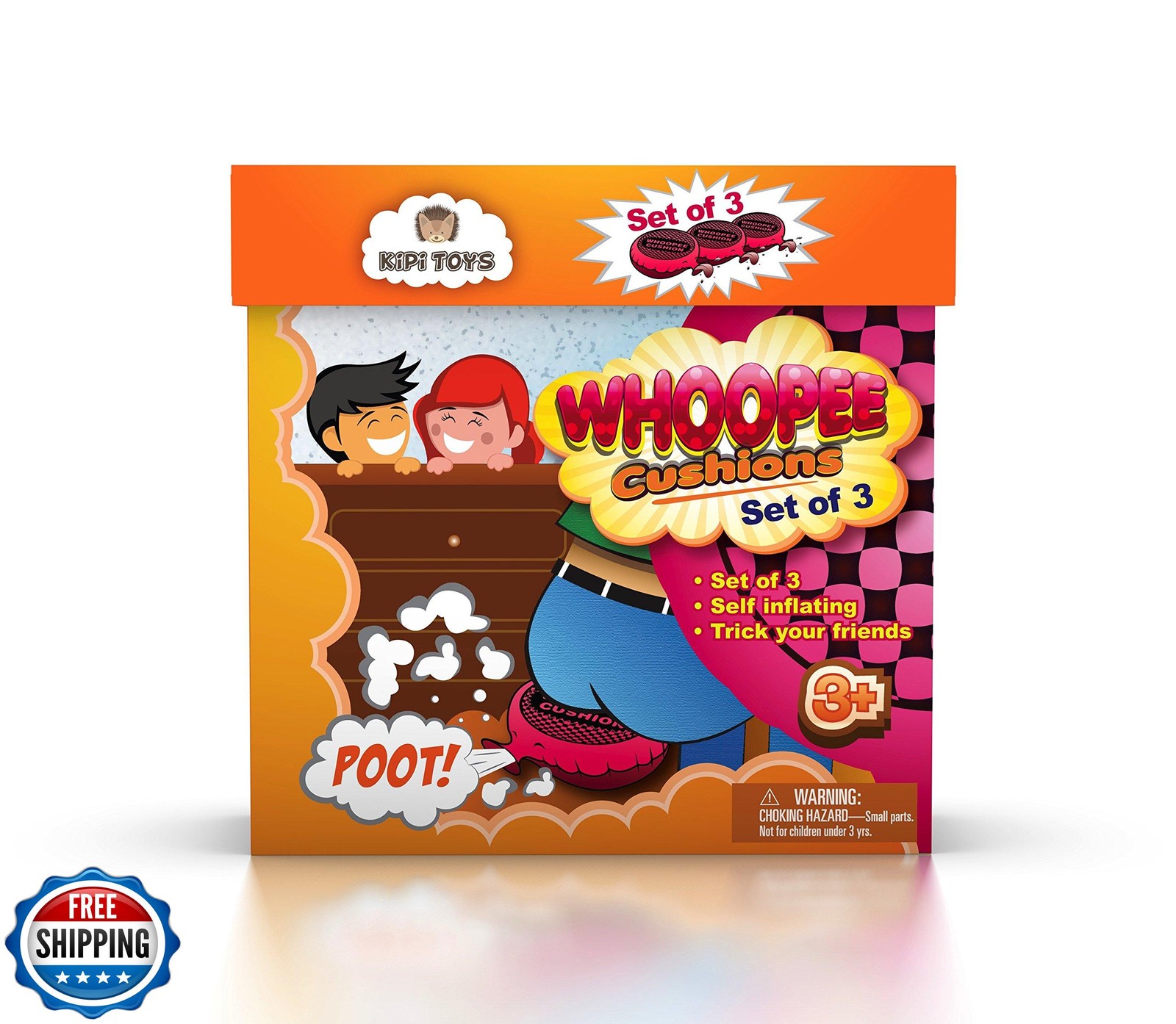 Whoopee Cushion Self Inflated 7" Set of 3 Gift Box Fart Prank Gag