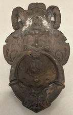 Antique Cast Iron Gothic Door Knocker Satyr Face Pan 14"