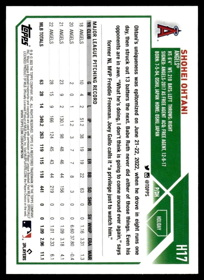 2023 Topps Holiday Shohei Ohtani Los Angeles Angels #H17 - Image 2 of 2