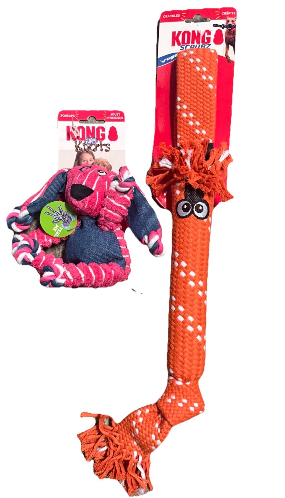 KONG Floppy Knots Dog Toy Squeaker + KONG Scrubz Crackle Stick Lot 2