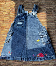 Vintage Oshkosh B'gosh Girls Blue jean Bib Overall Jumper Dress 18 Mo Embroidery