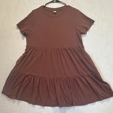 Old Navy Women's Brown Solid Crew Neck Knit Ruffle T-Shirt Mini Dress Size L