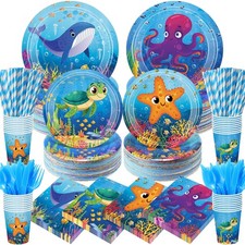 450 PCS Under The Sea Ocean Animal Birthday Party Tableware Set Serves 50