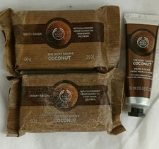 Body Shop ORIG COCONUT 3.5oz BAR SOAP 2 Cold-Pressed TRAVEL 1oz Hand Cream ~LOT