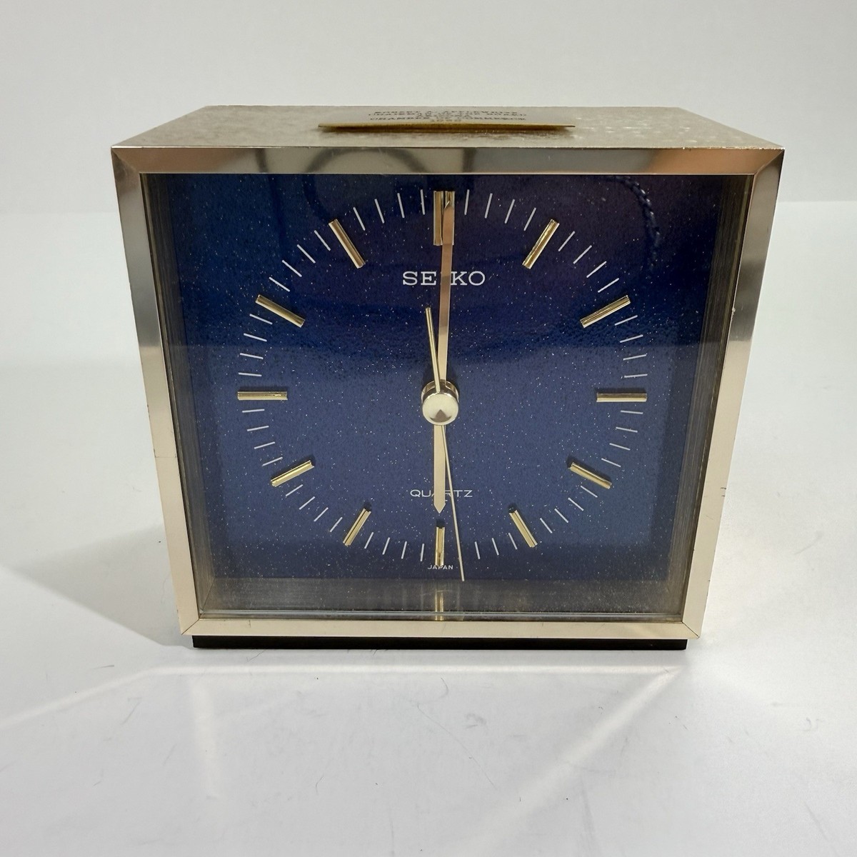 Seiko QZ588 Quartz Desk Mantel Clock Blue Dial Gold Tone Japan AA