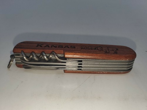 Multi-tool Pocket Knife Howard Kansas Buffalo Engraved On Wood Handle - Picture 4 of 6