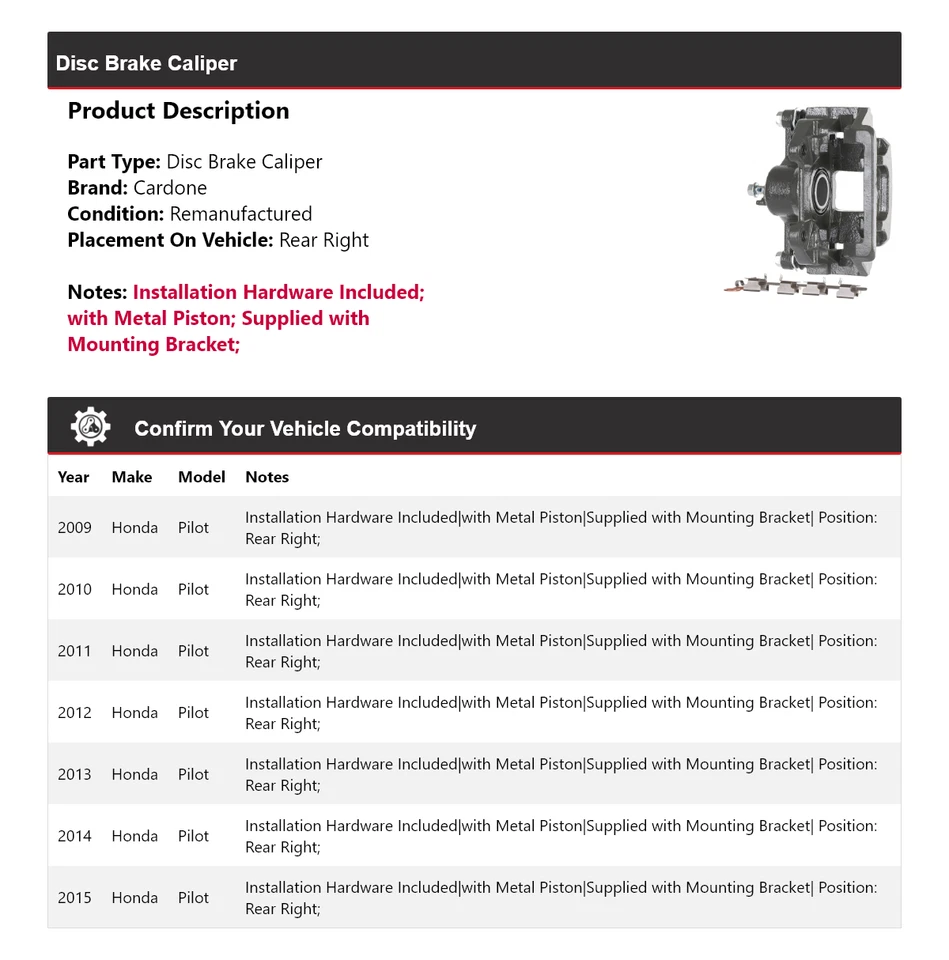 Pinza de freno de disco trasera derecha Cardone 2010 2011 2012 para Honda Pilot 2009-2015 Foto 2 de 4