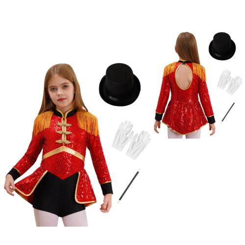 UK Kids Girls Sequins Ringmaster Magician Costume Dress Leotard Circus Outfits - Picture 15 of 50