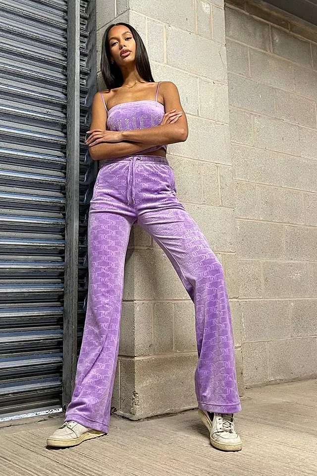 Juicy Couture Exclusive Embossed Set Velour Purple Flare Track Pants and  Top