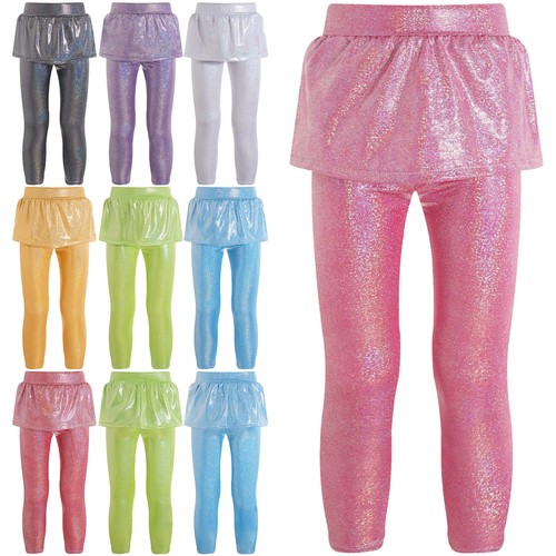 Kids Girls Pantskirt High Waist Tights Gymnastics Pants Sports Costume Shiny - Picture 1 of 80