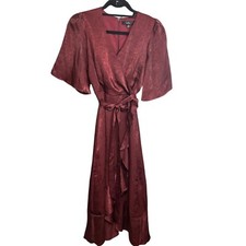 Lulus Dress Wrapped in Love Burgundy Satin Faux Wrap Angel Sleeves & Belt XS