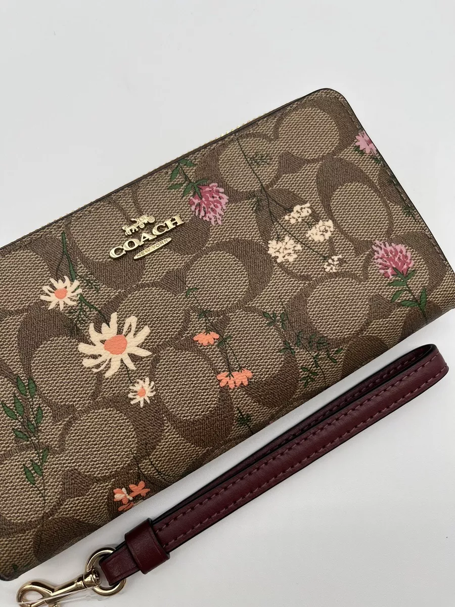 Coach Wallet Long Zip Around Wallet In Signature Canvas With Wildflower  C8736