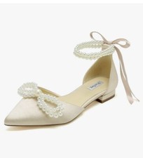 Pearl Wedding Shoes for Bride Flats Pointed Toe Flat Bridal Women Size 8.  U .