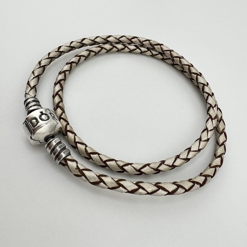 Pandora 925 Sterling Silver White Brown Braided Leather Wrap Charm 13” Bracelet - Picture 5 of 7