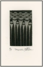 SEWING SPINDLES SPOOLS. Original MCM-STYLE Modernist MEZZOTINT Signed