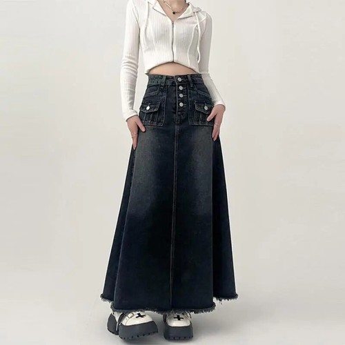 Jeansrock Damen Herbst Lang Mittellang Rock Retro Raw Female Clothing - Bild 16 von 16
