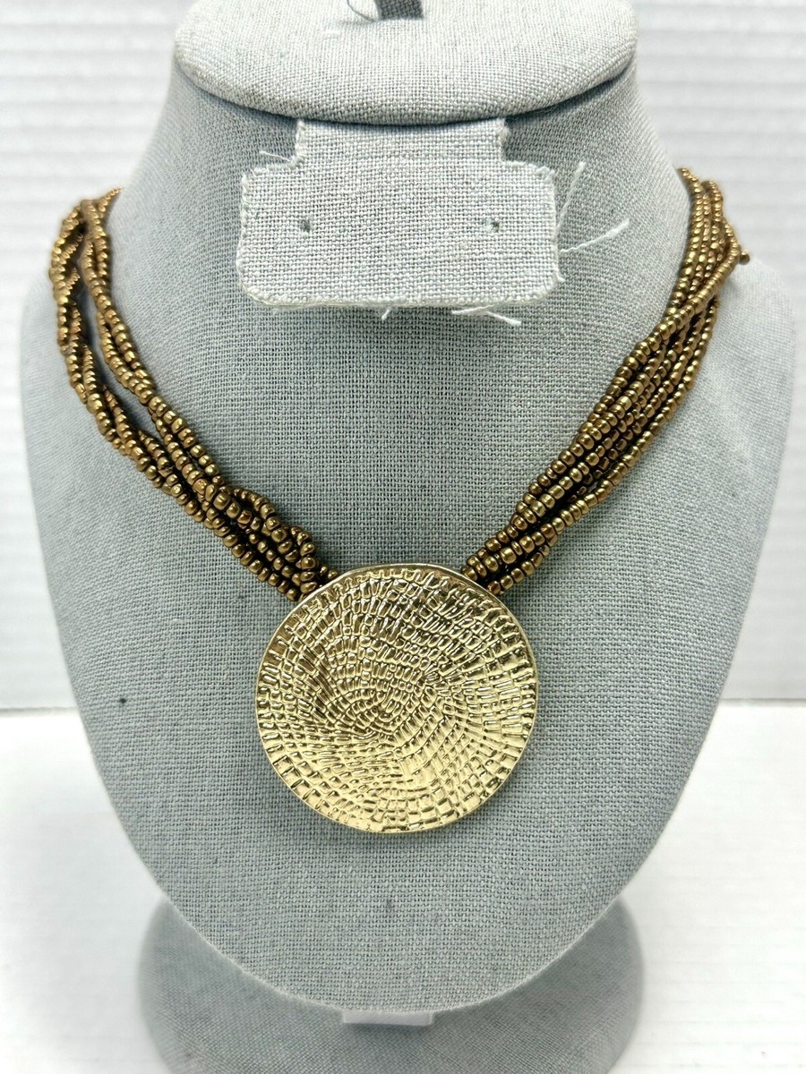 VTG Designer Inspired Gold Tone Pendant Multi Strand Bronze Seed Bead  Necklace